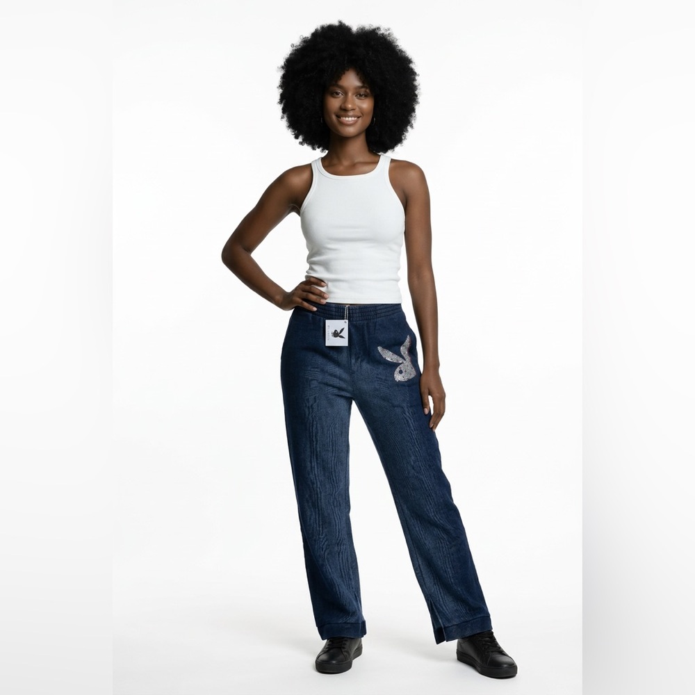 PLAYBOY Women's Dark Navy Straight-Leg sweats with Bunny Patch